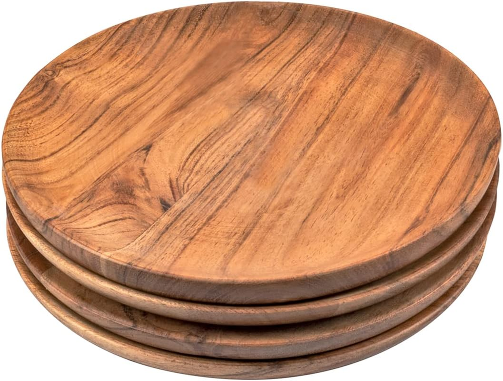 Acacia Wood round Wood Plates Set of 4 Easy Cleaning Lightweight Dishes Snack-image