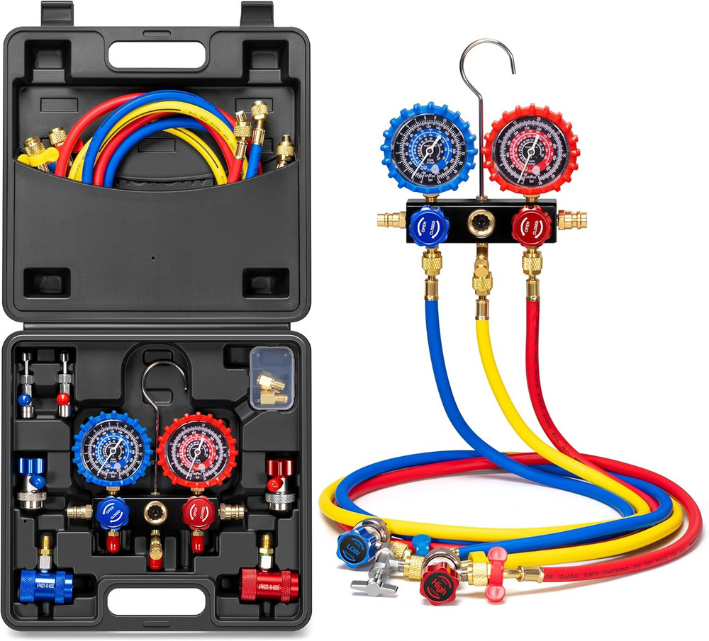 HVAC Manifold Gauge Set with R134A R1234Yf Quick Couplers and Can Taps, Automoti