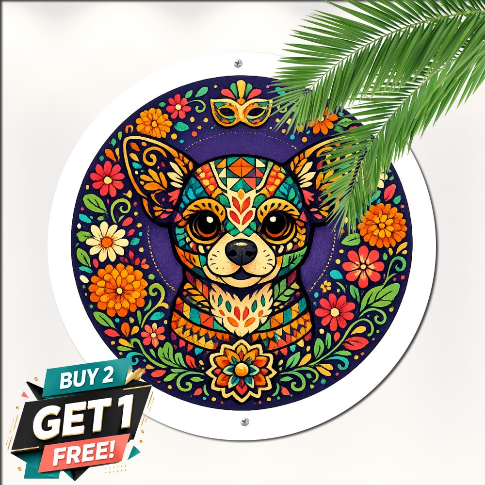 Dia De Los Muertos Sugar Skull Dog Round Sign Mexican Folk Art Plaque 8x8