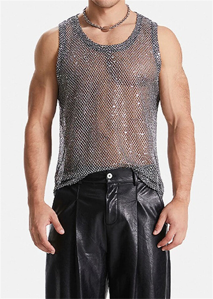 Camisetas sin mangas informales de malla transparente de malla para hombres Camisetas musculosas