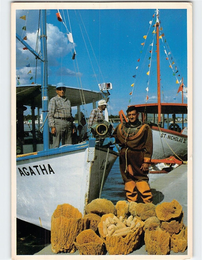Postcard Greek sponge diver at the St. Nicholas boat line Tarpon Springs FL USA