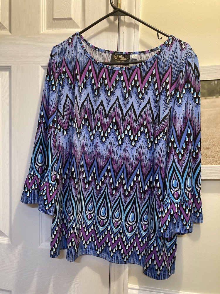 Bob Mackie Wearable Art Top Blouse Women's L Bold Graphic Abstract Bell Sleeve-image