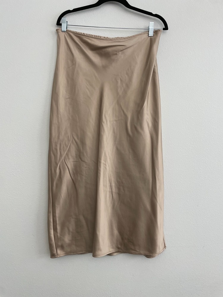 Old Navy Skirt Women L Gold Champagne Midi Side Slit Satin Minimalist Classic