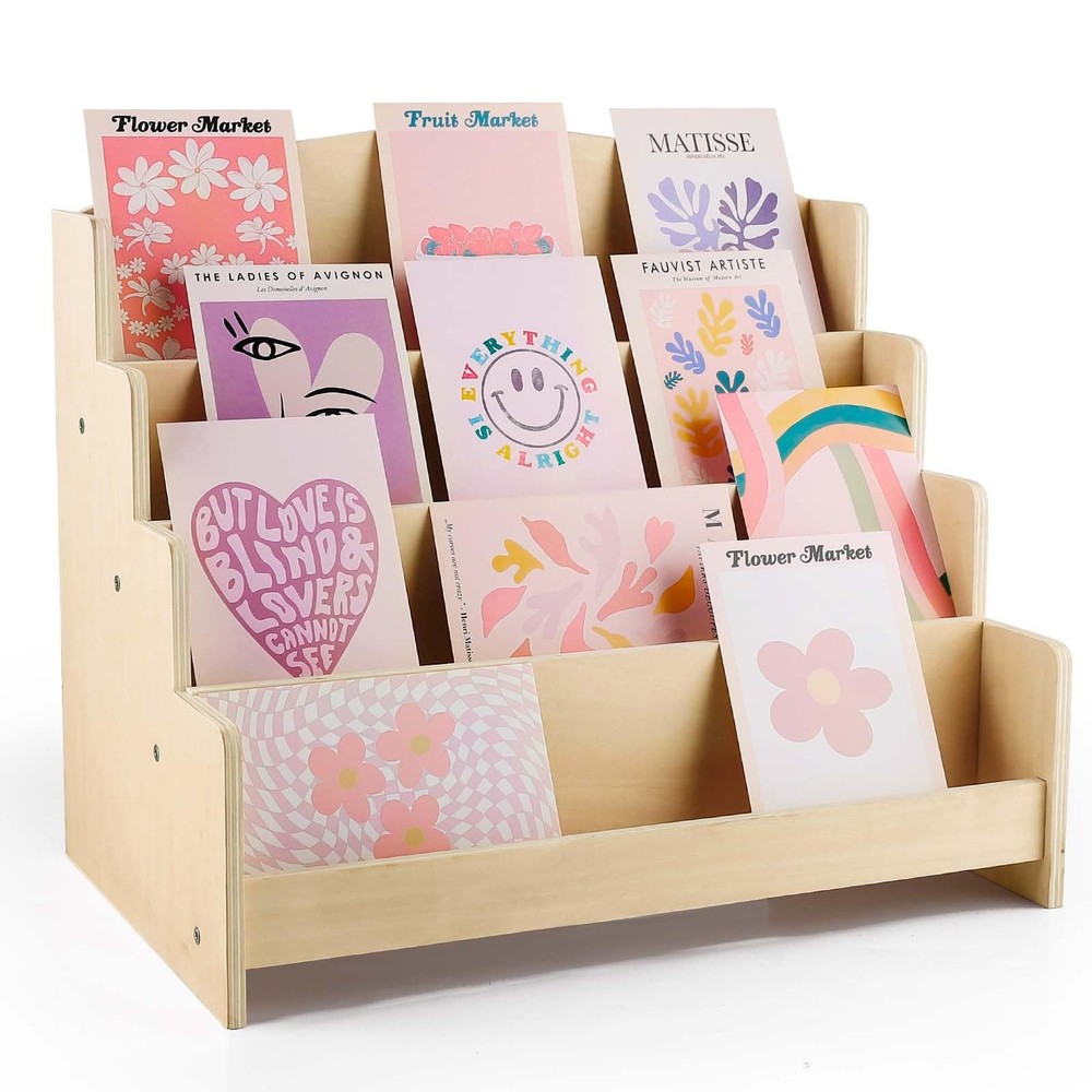 4-Tier Wooden Greeting Card and Sticker Display Stand for Retail