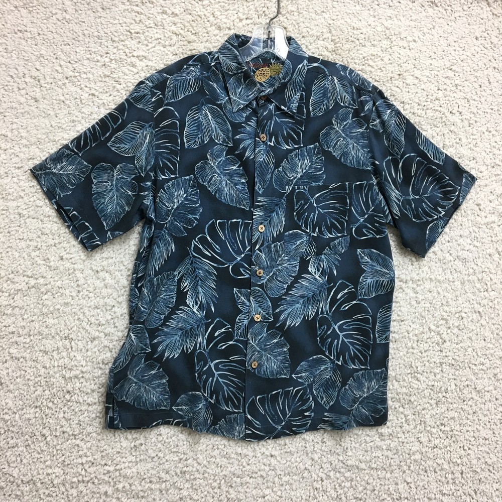 Caribbean Button Up Shirt Medium Adult Blue Floral Silk Short Sleeve Camp Mens