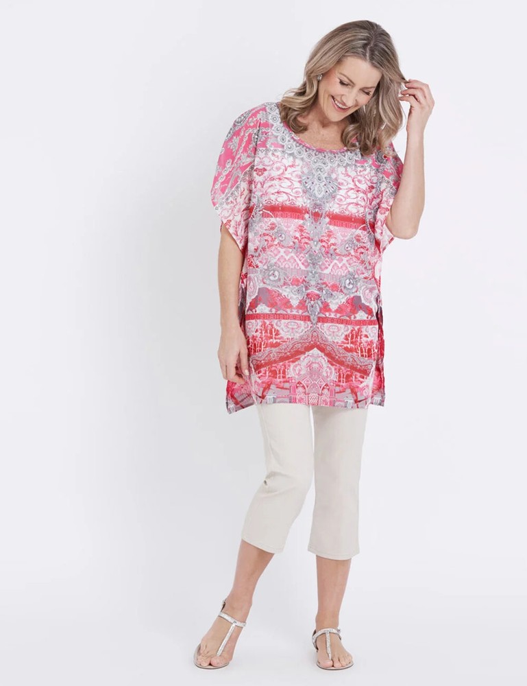 MILLERS LUXE Pink Kaftan Top Size 14 NWT Extended Sleeve Border Print
