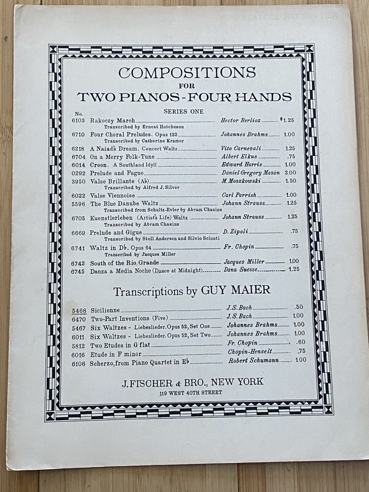 1924 SICILIENNE by J.S. Bach Vintage Sheet Music FOUR HANDS Piano Duet