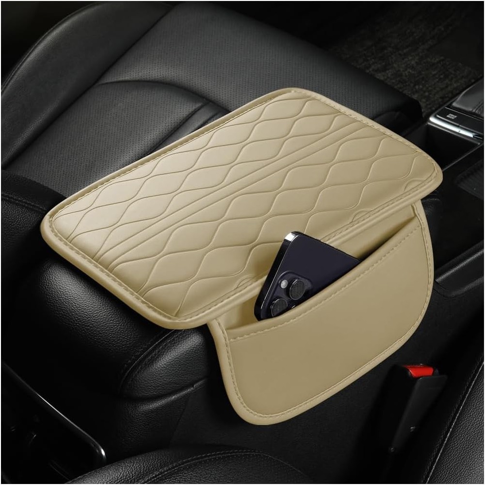 Center Console Cover, Leather Vehicle Armrest Seat Box Pad Cushio Color: Beige