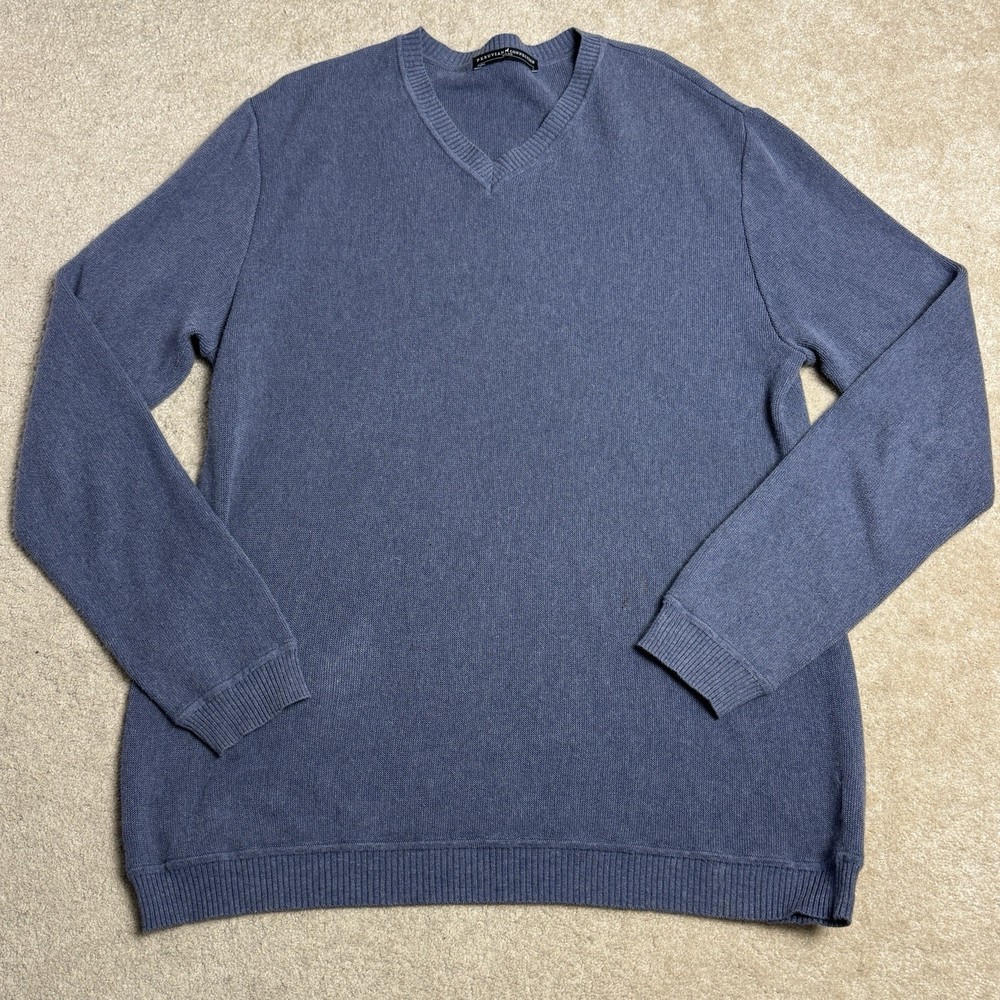 Peruvian Connection Mens Sweater 100% Pima Cotton Blue V Neck Large Pullover