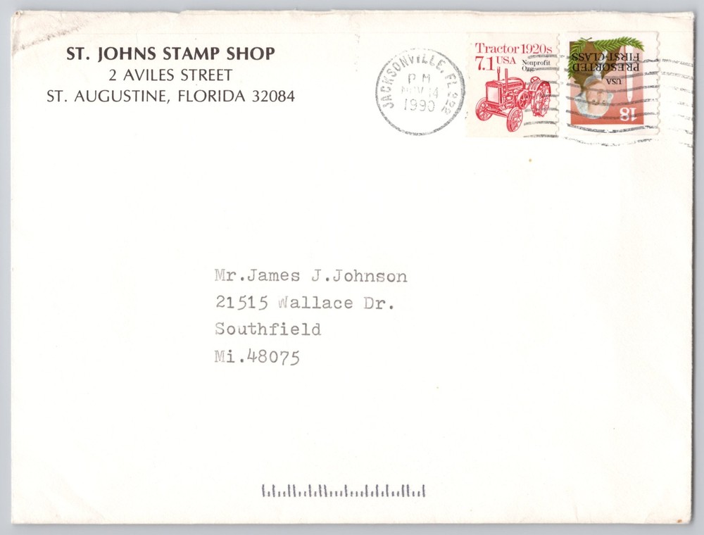 St. Augustine, FL . Johns Stamp Shop, 2 Aviles mailed cover, Modern 1990