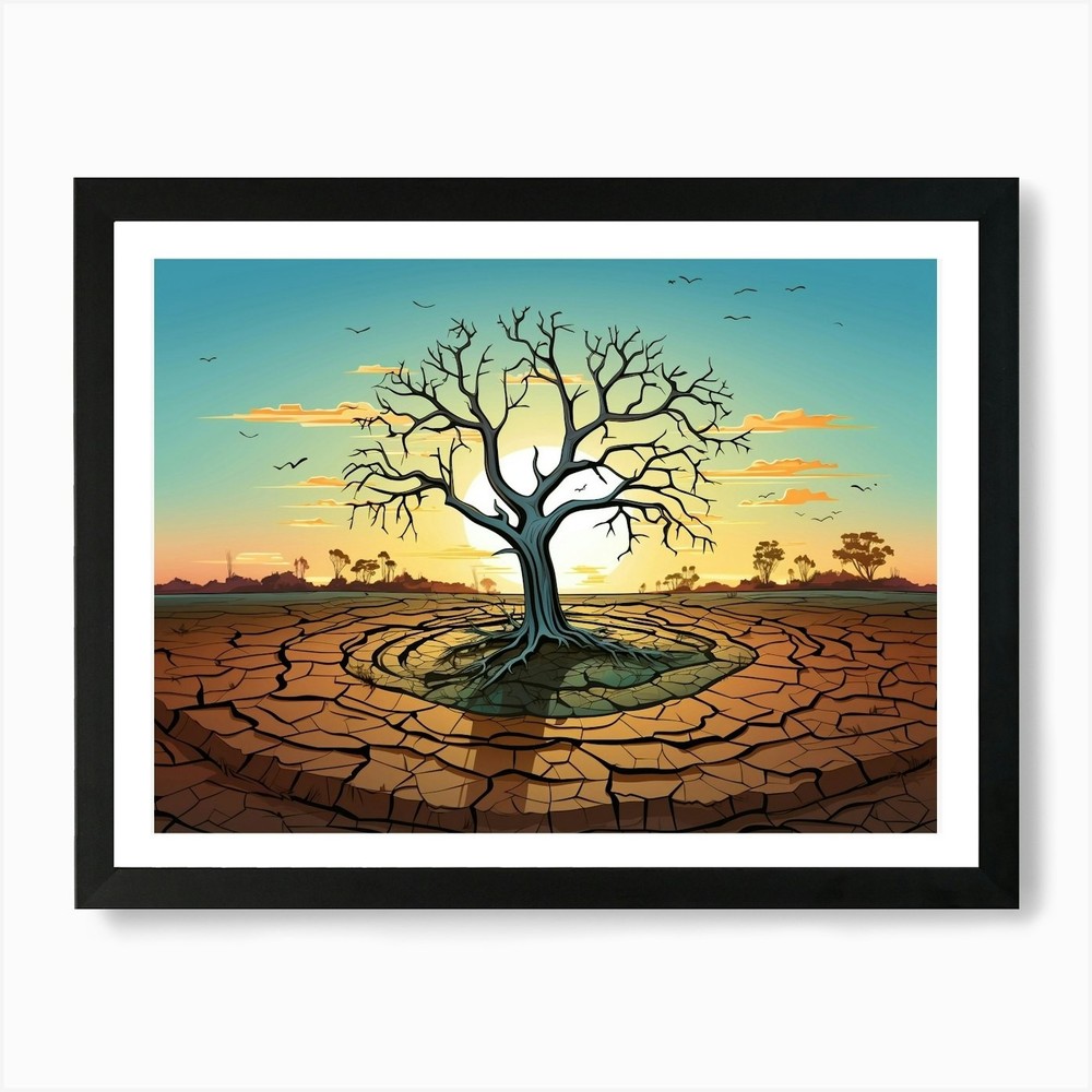 Lonely Tree in Cracked Desert Framed Wall Art Canvas Print  