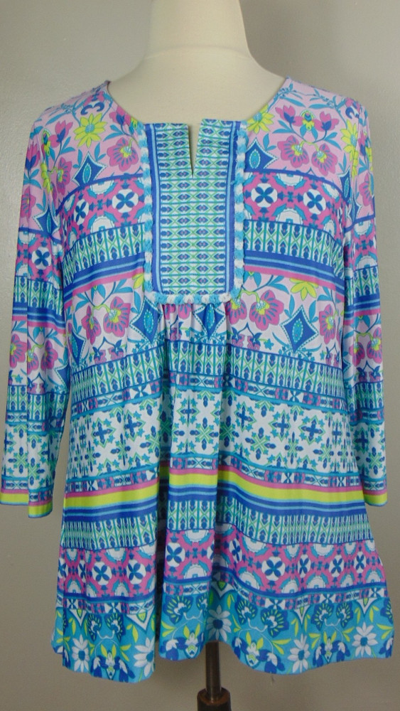 Ruby Rd Pastel V-Neck Pullover Top Women's Xl Abstract Print Stretch Tunic Blue