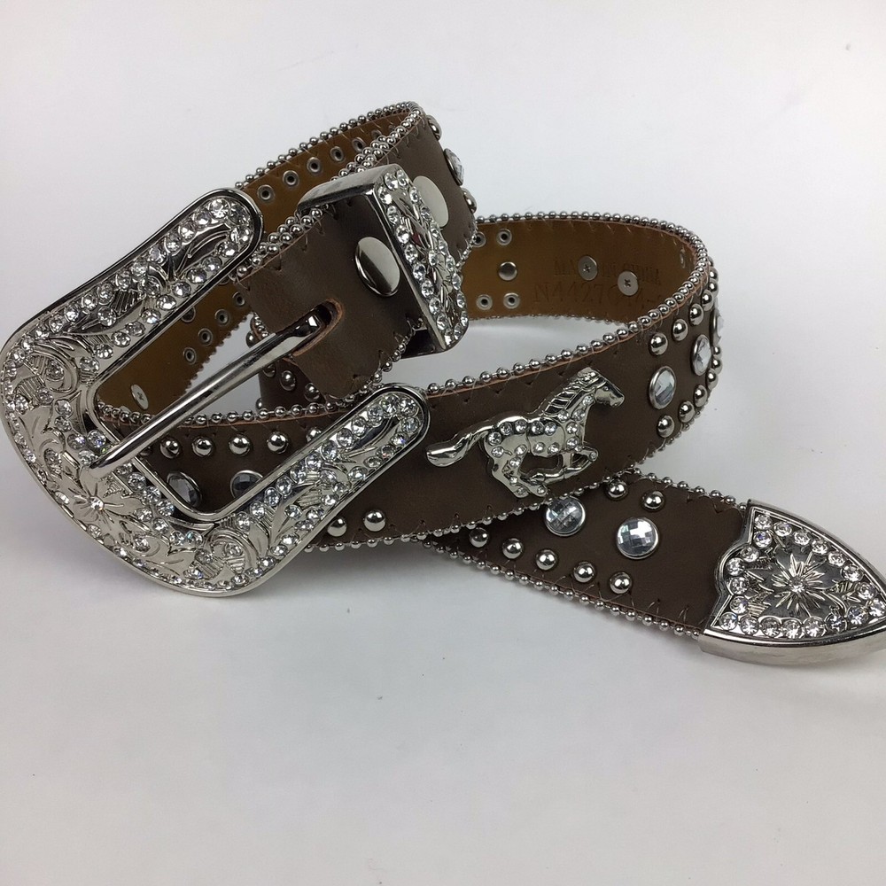 Nocona Genuine Leather Rhinestone Crystal Studded Bling Belt Brown Horse Sz 24