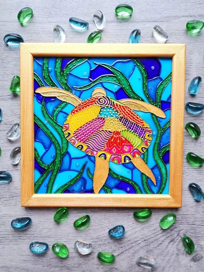 Stained glass painting rainbow turtle Room Wall Art Ocean life Home decor