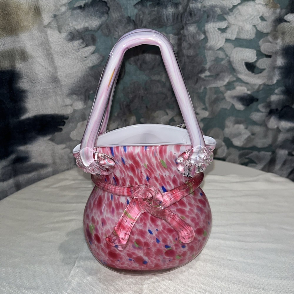 Pink Confetti Vintage Hand Blown Purse/Handbag Murano Style Art Glass Vase, Read