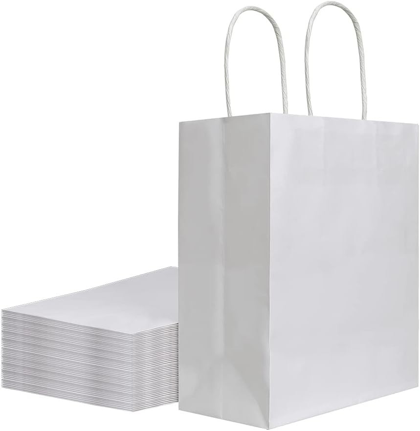 50Pcs Pack 8X4.75X10 Inch Medium White Kraft Paper Bags with Handles Bulk, Gift