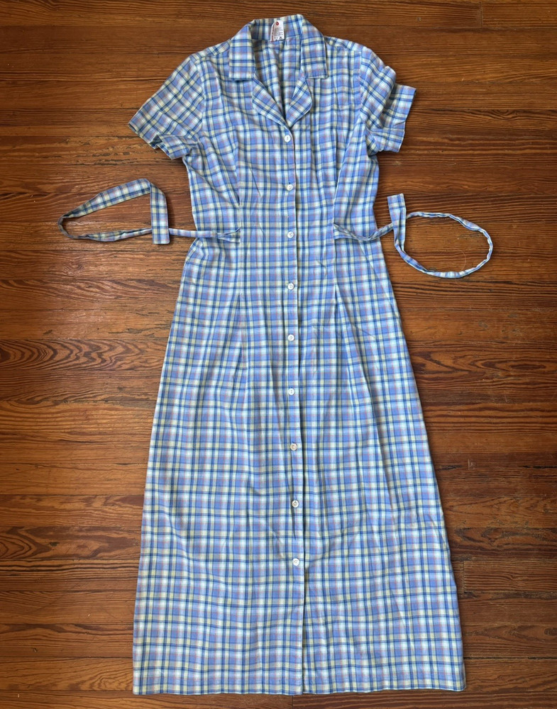 Hanna Andersson Blue Plaid Cotton Shirt Dress Short Sleeve Button Belted S *flaw