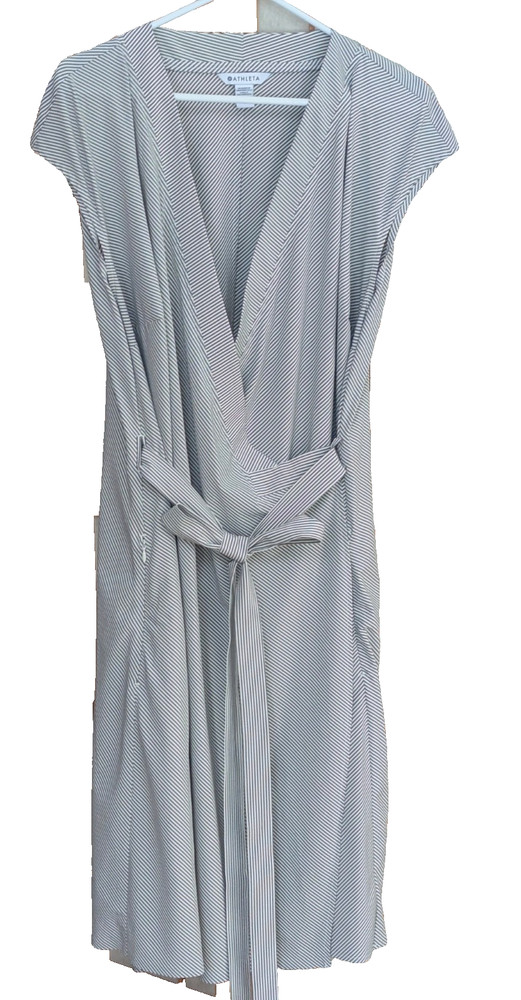 Athleta Dress Womens Gray White Striped Wrap V Neck Belted Midi Size 1X