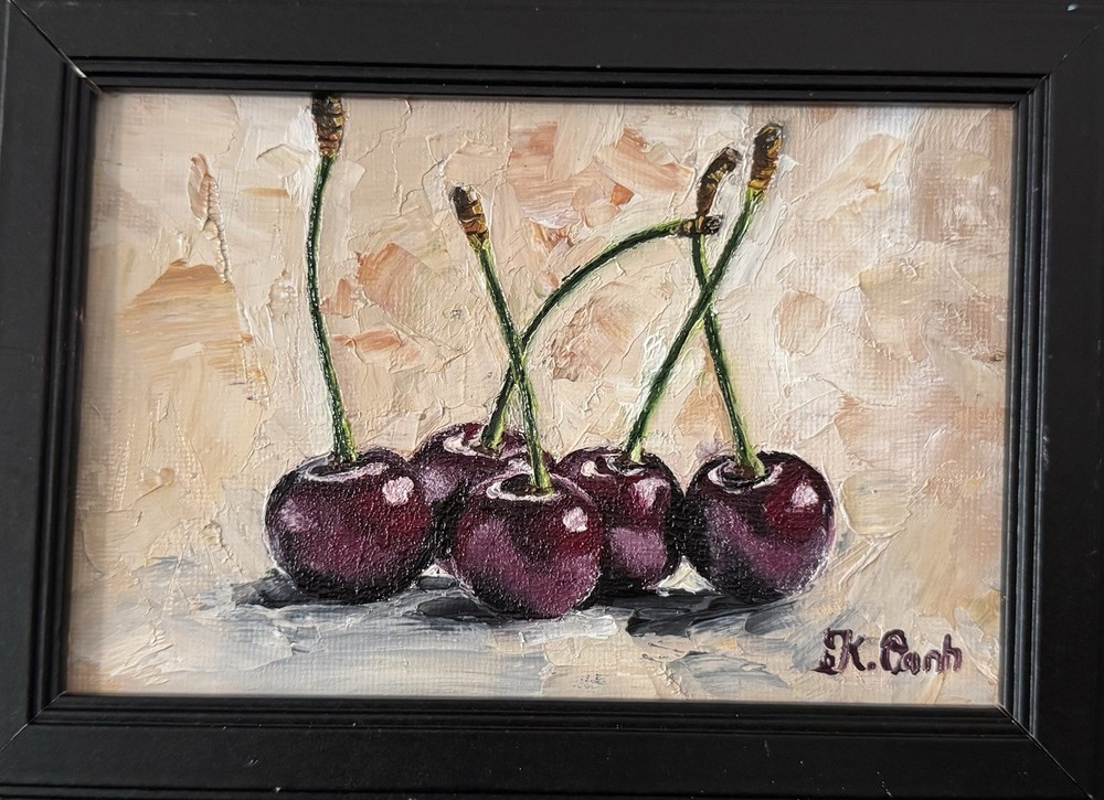 ORIGINAL OIL PAINTING STILL LIFE CHERRIES FRUIT SIGNED FRAMED 4x6