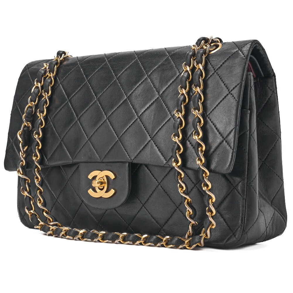 CHANEL Black Lambskin Matelasse Double Flap Chain Shoulder Bag 25cm 108483