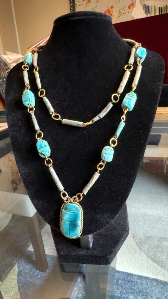 Vintage Egyptian Revival Ceramic Stone Blue Glazed Scarab Beetle Necklace