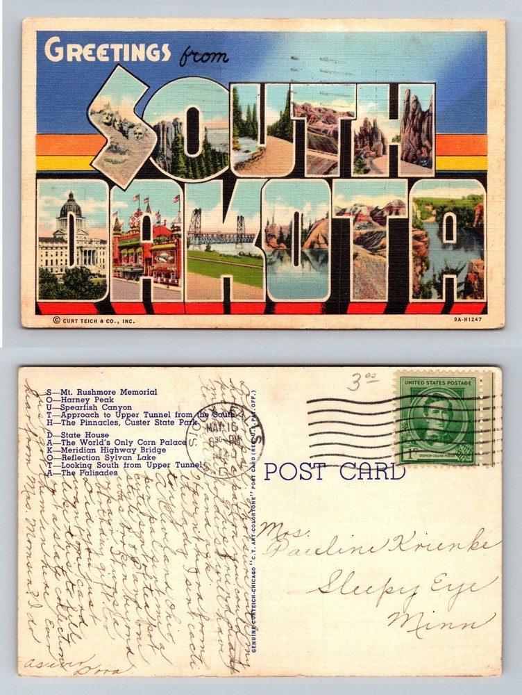South Dakota, SD-South Dakota, Greetings South Dakota Landmarks Vintage Postcard