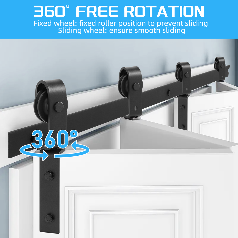 Top Mount Roller Bifold Sliding Barn Door Hardware Kit Black Flat Track Modern