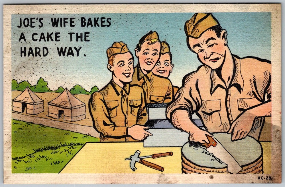 Vtg Linen Postcard Joe's Wife Cake Cartoon 1940s