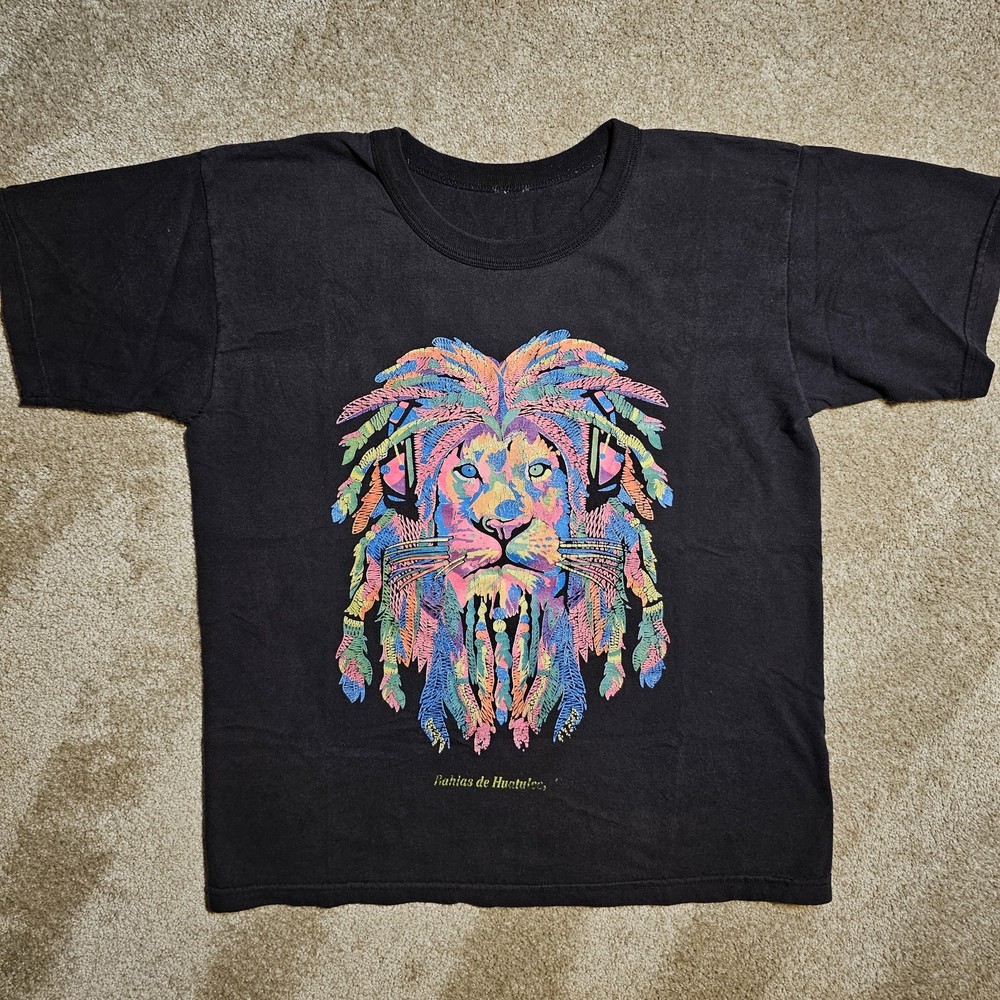 Vtg 90s Faded Neon Rasta Lion Large T-Shirt Grunge Skate Indie Black Thrashed