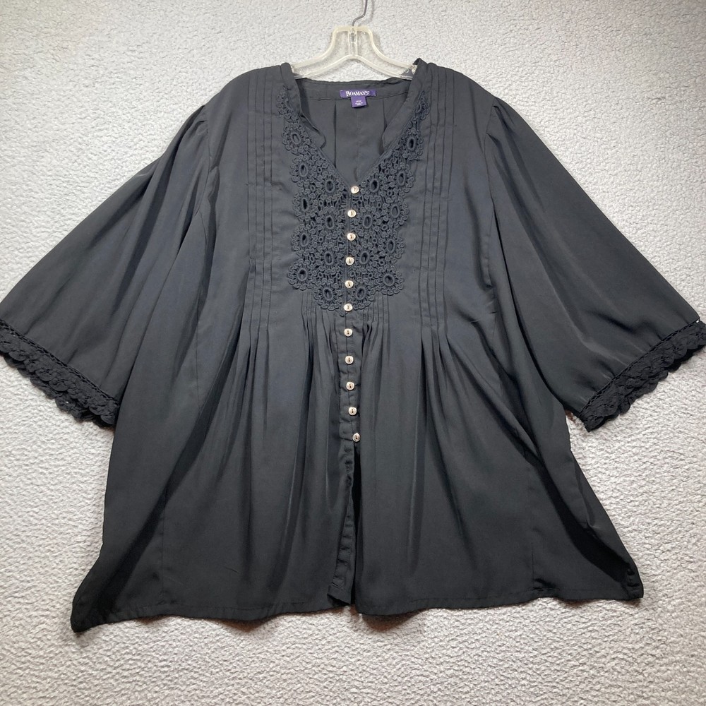 Roaman's Top Womens Plus 24W Black Button Up 3/4 Sleeve Crochet Detail Flowy