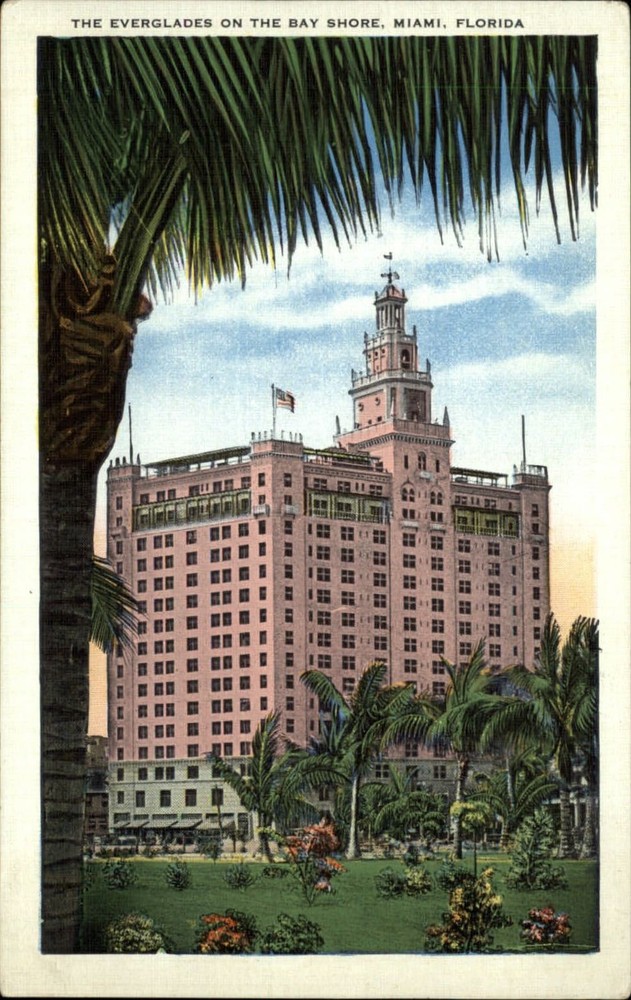 Everglades on the Bay Shore hotel Miami Florida ~ 1930s linen postcard