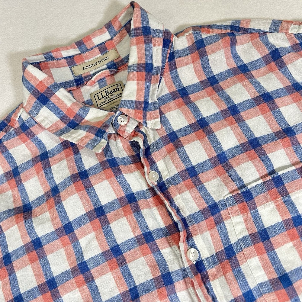 LL Bean Mens XL Red Blue White Plaid 100% Linen Short Sleeve Button Up Shirt