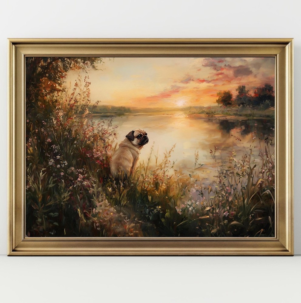 Serene Pug Poster – Dog Landscape Art Print, Vintage Wall Decor Gift