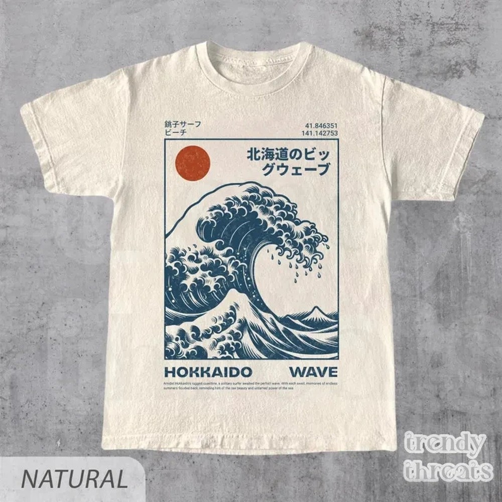 Retro Hokkaido Wave Ukiyo-e Graphic Tee Mens Vintage Japanese Surf T-Shirt