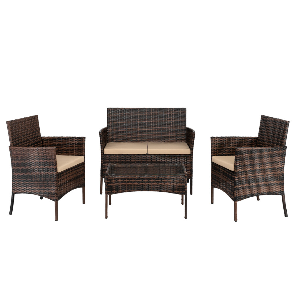 Rattan Sofa Set with 2 Arm Chairs Love Seat and Glass Coffee Table Brown