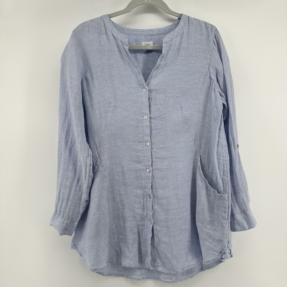 Sigrid Olsen Women's Blue Linen Button Front Pockets Coastal Tunic Top Small
