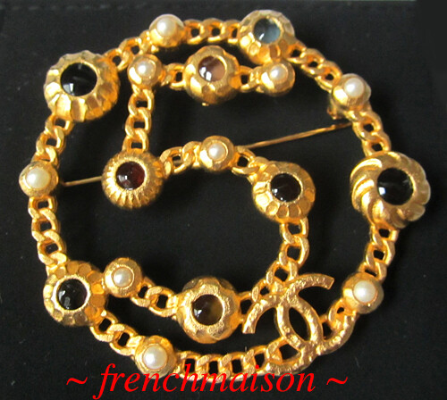 AUTHENTIC CHANEL No. 5 CC PIN BROOCH Gold Colorful Stones Pearl Rare Huge New