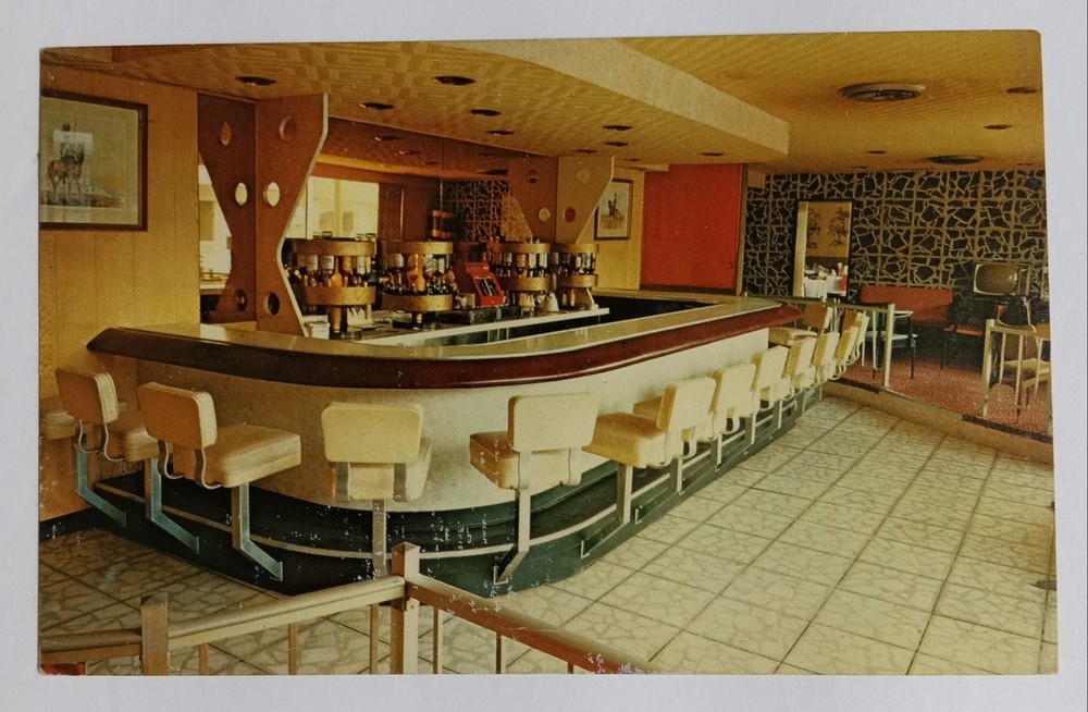 Vintage 1965 Mid-Century Modern Soda Fountain Bar Interior Postcard Houston TX