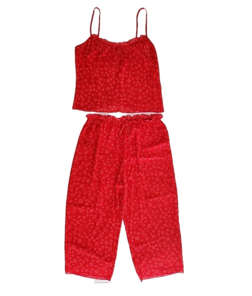 Josie Natori Ruffle Floral Boho Lingerie Set Capri Pants & Camisole Coral Medium