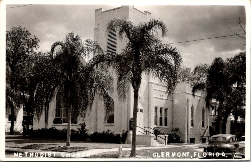 RPPC Methodist Church Clermont Florida 1956 Vintage Postcard Palm Trees