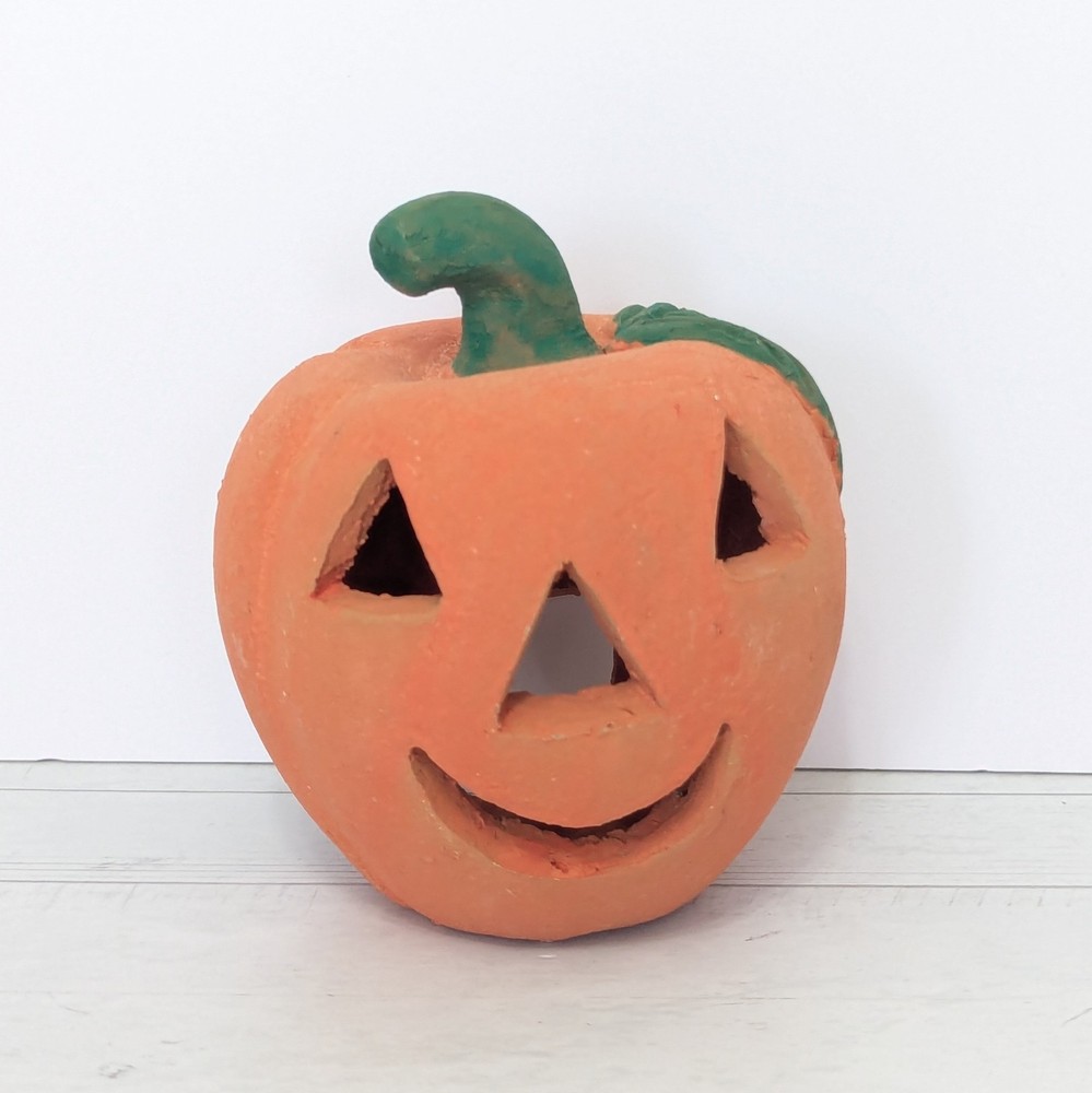 Terra Cotta Jack O Lantern Pumpkin Pottery Halloween Luminary Candle Holder 5”