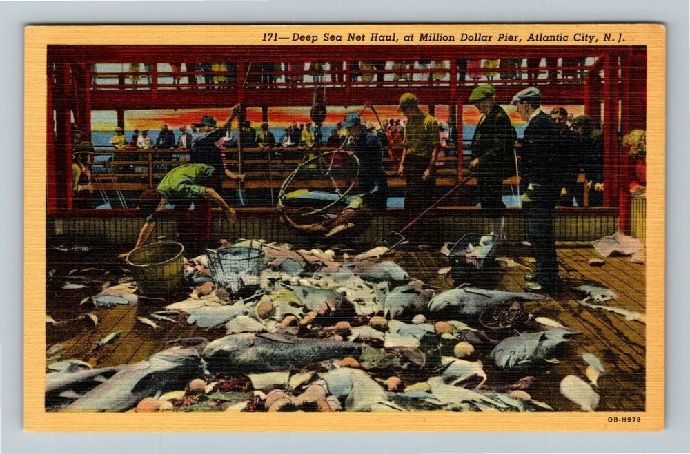 Atlantic City NJ-New Jersey Million Dollar Pier Deep Sea Net Haul Linen Postcard