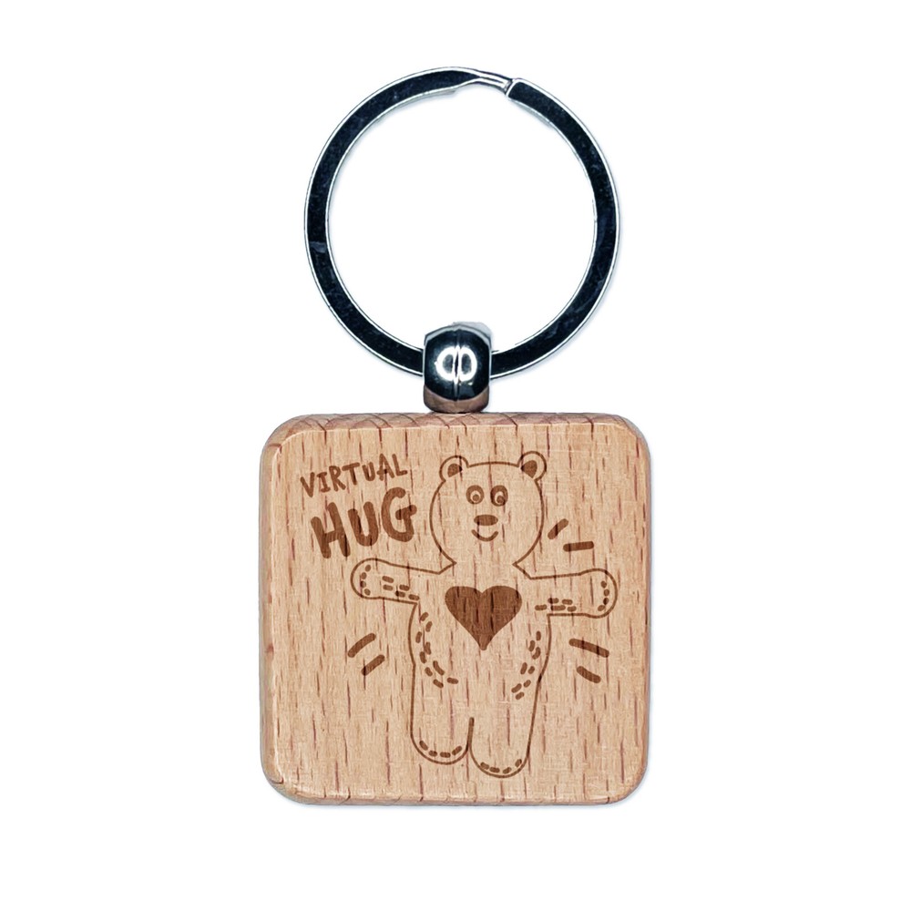 Virtual Hug Love Bear Cute Engraved Wood Square Keychain Tag Charm