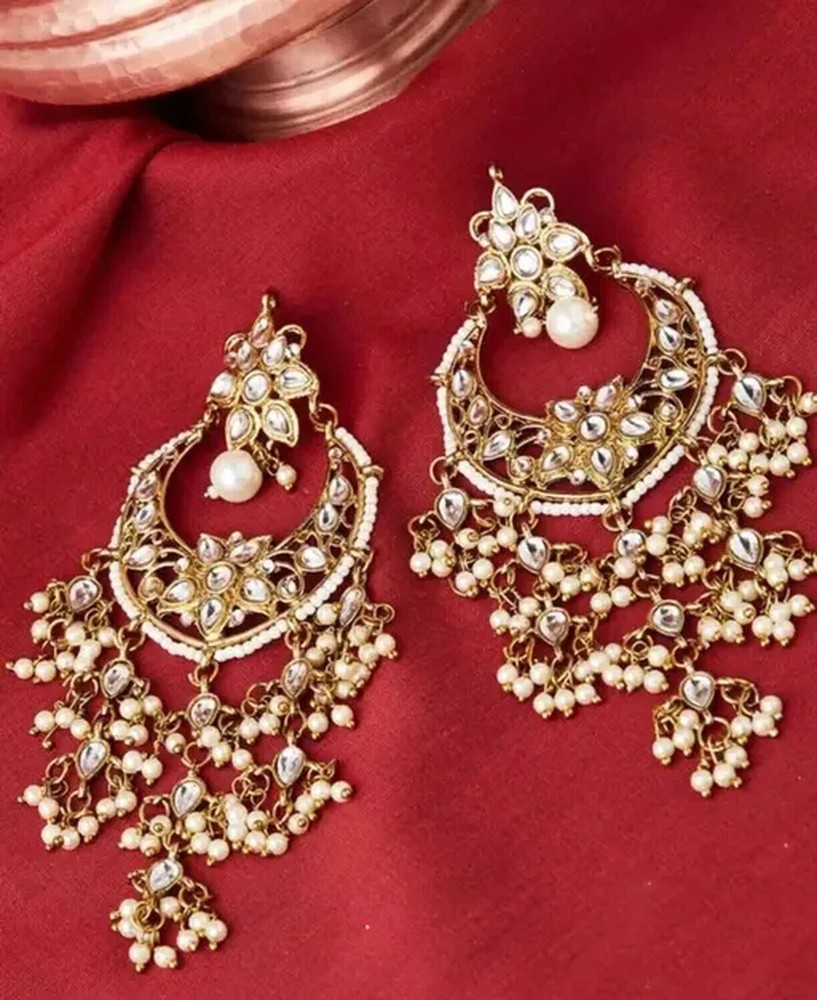 Kundan Chandbali Pearl Drop Traditional Gold Plated Indian Jewelry Earrings Set