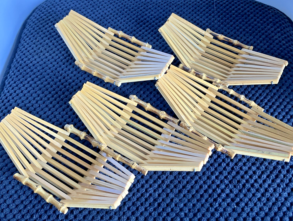Vintage Japanese Bamboo Oshibori Tray Set of 5 Sushi Boat Hand Towel Holder