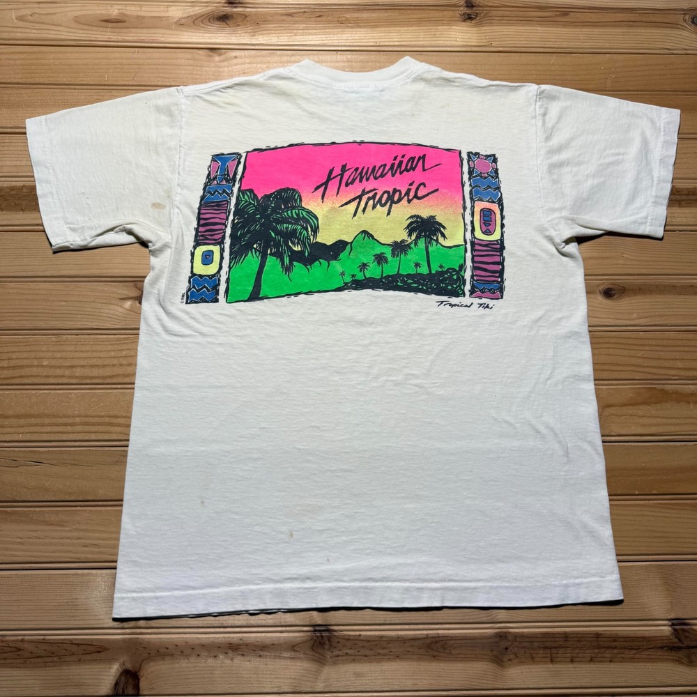 Vintage 90s Hawaiian Tropic Palm Trees Beach Surf Graphic T-Shirt USA - Large
