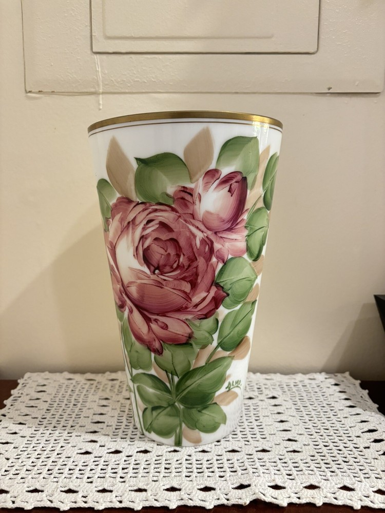 Vintage DeLuxe Inc. USA Hand Painted Milk Glass Floral Vase Artist Signed