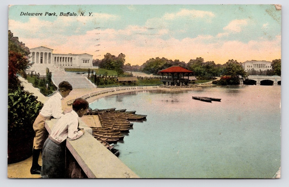c1910~Delaware Park~Hoyt Lake~Kids & Canoes~Buffalo New York NY~Vintage Postcard