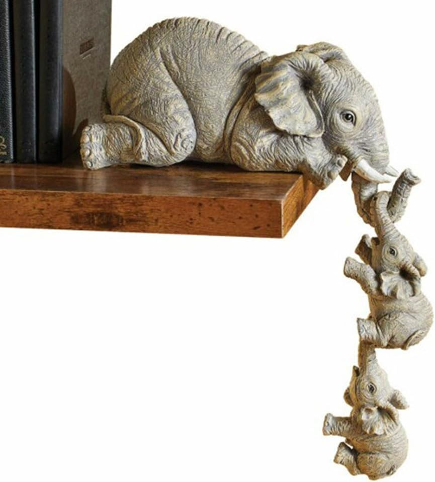 3 Set Elephant Shelf Sitter Figurines, Mother Elephant Hanging Baby Elephants, M