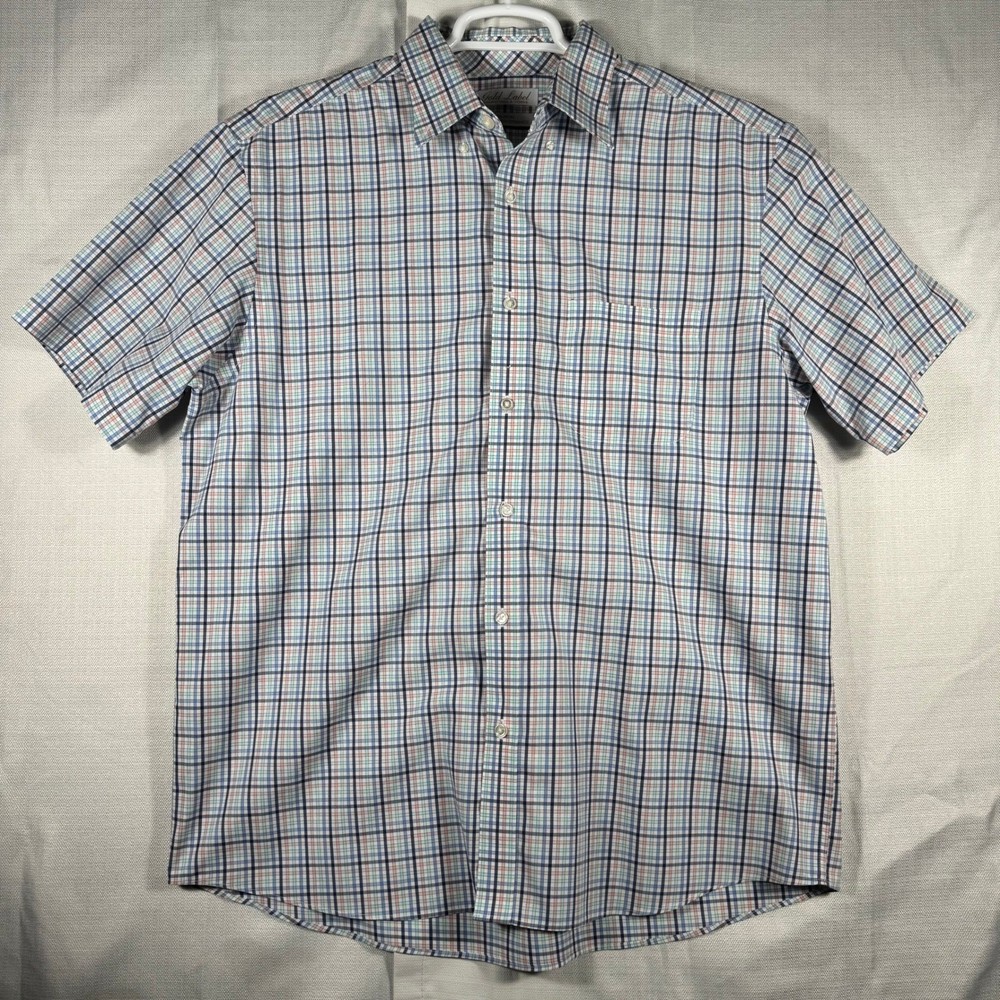 Roundtree & Yorke Gold Label Mens Large Short Sleeve Plaid Non-Iron Cotton Shirt